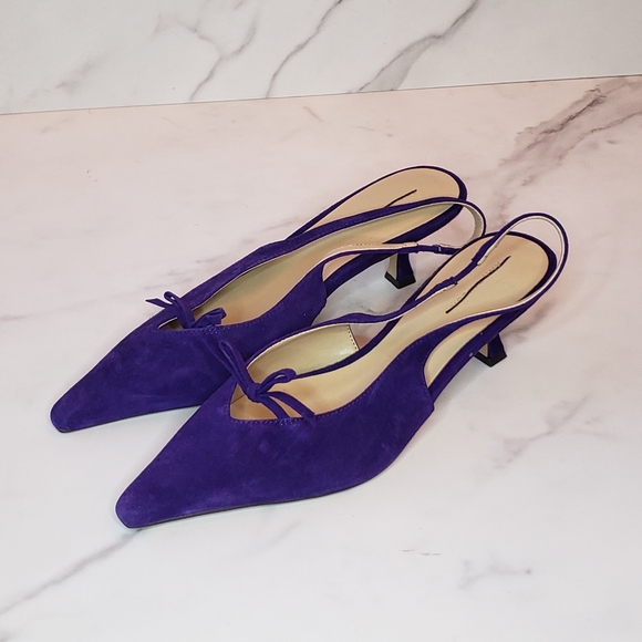Ann Taylor Mini Bow Slingback Pointy Toe Purple Suede Kitten Heel Pumps Size 7 - Picture 7 of 7